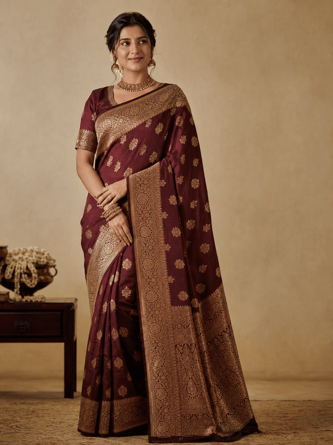 Elegant woman wearing Banarasi saree for smart saree recommendations