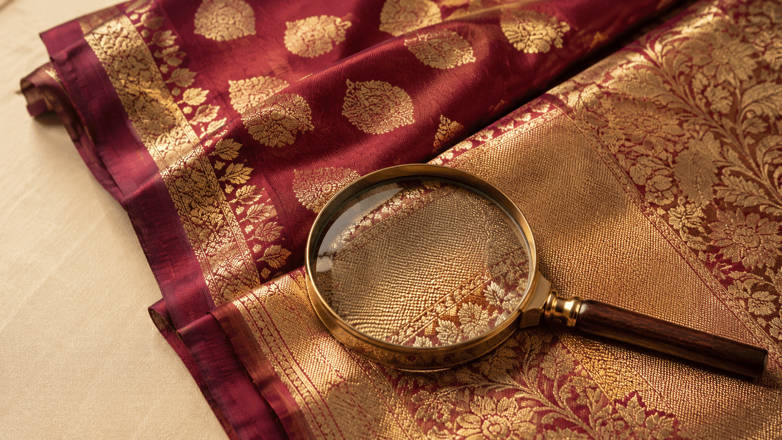 Close view of a rich bridal Banarasi saree with zari work