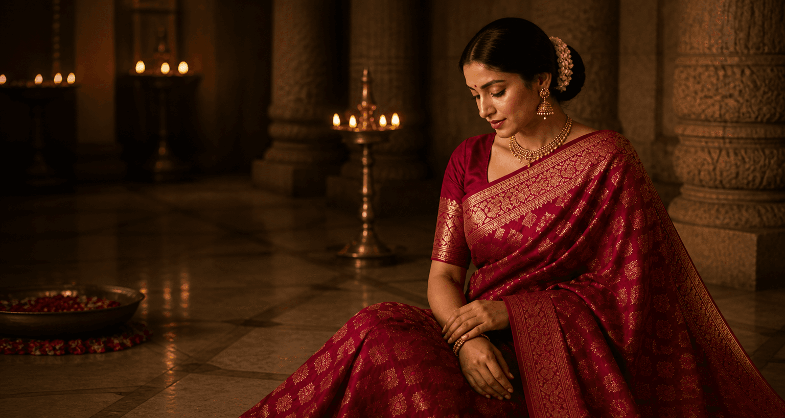 Premium Banarasi Art Silk saree model in a red zari Banarasi saree