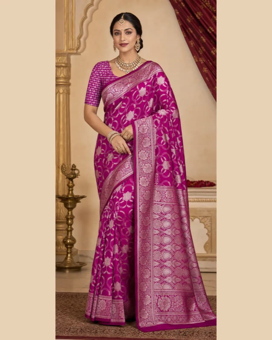 Front view of magenta Banarasi Art Silk saree with floral medallions and broad woven border