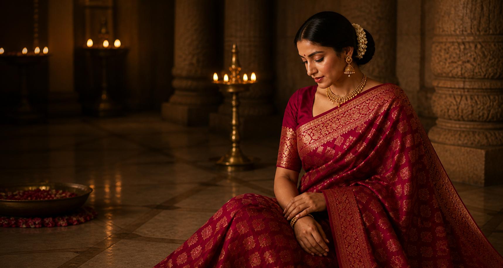 Premium Banarasi Art Silk saree model in a red zari Banarasi saree